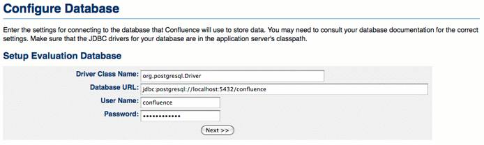 Confluence database connection details entry.