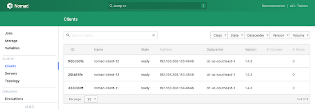 Nomad client nodes listed in the web interface